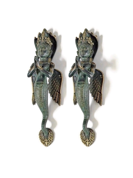 2 Praying Dewi Brass Door Pull Handles – 12" Angel Wing Style Vintage Brass Grabs