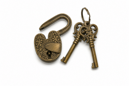 Vintage style Heart solid Brass Padlock 3 Engraved Love Lock Antique w 2 Skeleton Keys