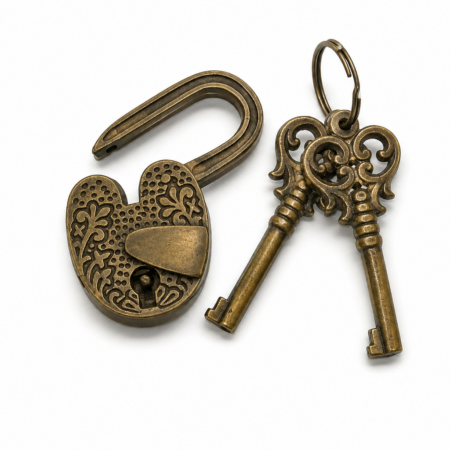 Vintage style Heart solid Brass Padlock 3 Engraved Love Lock Antique w 2 Skeleton Keys