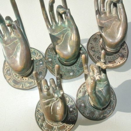 5 used odd BUDDHA Pull handle hand brass aged green oxidized patina door old aged style knob hook 7cm and 6 cm
