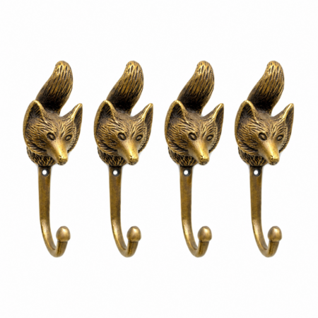 4 Small Vintage FOX Head Brass Coat Hooks, Solid Brass Wall Hook Set, Antique Fox Head Hook, Rustic Coat Hat Hook, Animal Wall Hook, Fox Decor Hardware
