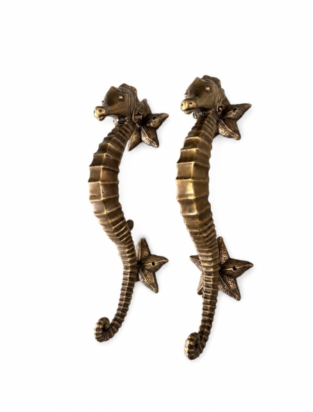 2 Large Solid Brass Seahorse Door Handles 14 Inch 35cm, Coastal Nautical Door Pulls, Antique Beach House Grab Handles