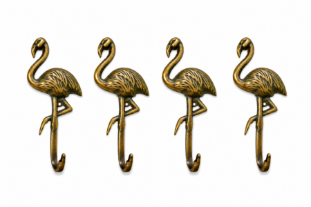 4 FLAMINGO Hooks – 5.5 Solid Heavy Brass Wall Hooks – Vintage Style Aged Brass Bird Hangers – Set of 4
