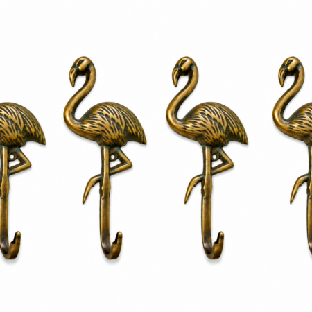 4 FLAMINGO Hooks – 5.5 Solid Heavy Brass Wall Hooks – Vintage Style Aged Brass Bird Hangers – Set of 4