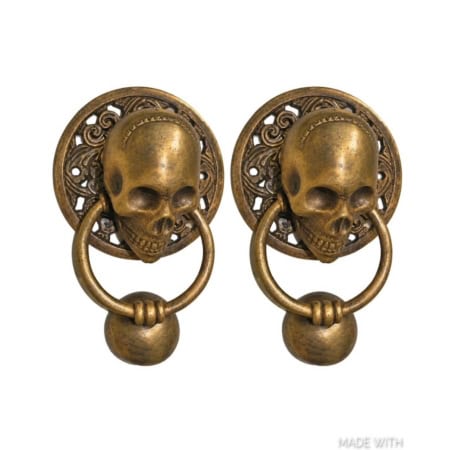 2 x LARGE ROUND SKULL HEAD RING PULL DOOR KNOCKER – SOLID BRASS  DAY OF THE DEAD 4" 11.5 cm