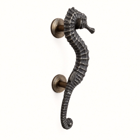 Right Facing Solid Brass Seahorse Door Handle 12" Heavy Vintage Beach Style Pull