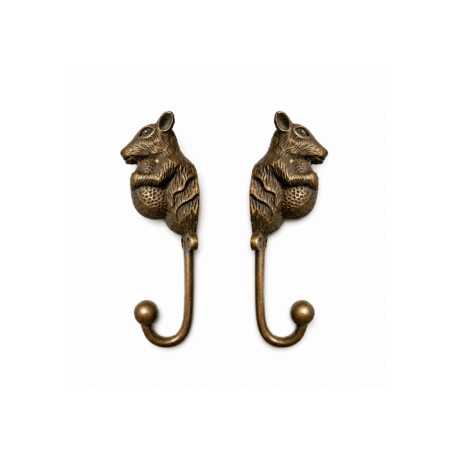 2 SQUIRREL Hooks – 6.5" Solid Heavy Brass Wall Hooks – Vintage Style Aged Brass Animal Hangers – Set of 2