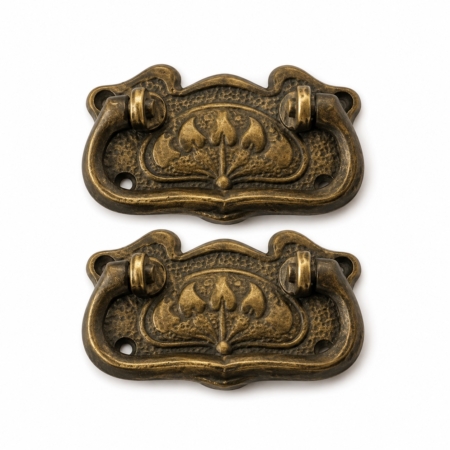 Antique Victorian Edwardian Drop Pull Handles – 2 Small Solid Brass Drawer Pulls – Bronze Patina A8s