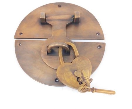 MASSIVE latch & padlock & 2 keys vintage style house BOX antiques box catch hasp DOOR heavy 7.1/2" round 100% solid brass aged patina 19 cm