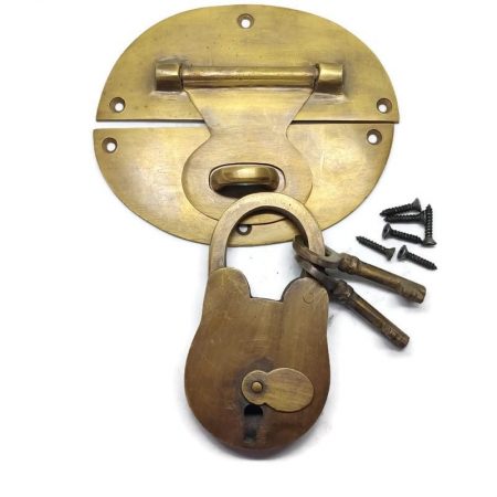 large heavy box HASP STAPLE & Padlock included and keys door works 5" oval round catch latch solid brass Antique Vintage style 2 Keys Safe Lock rustic padlock