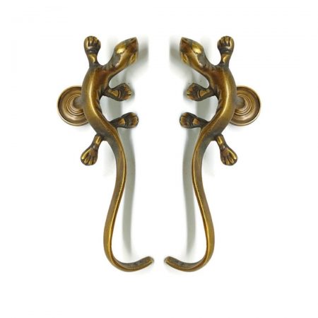 2 small GECKO handles small solid BRASS pulls old look SCREW TO DOOR drawer amazing bronze patina