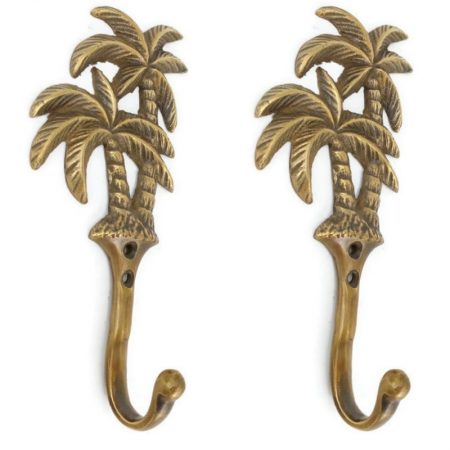 2 medium Palm tree HOOK 6 " long aged POLISHED solid 100% real heavy BRASS 15 cm long tropical old vintage style natural hand made heavy hanger screw