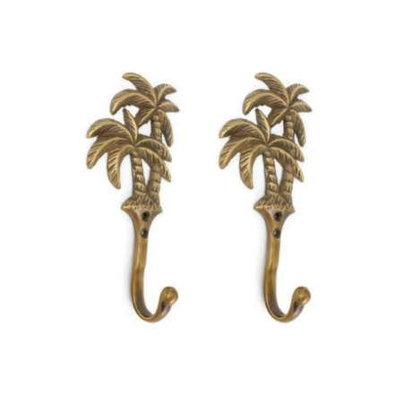 Set of 2 Solid Brass Palm Tree Wall Hooks 6 Tropical Vintage Coat Hooks Heavy Brass Hangers