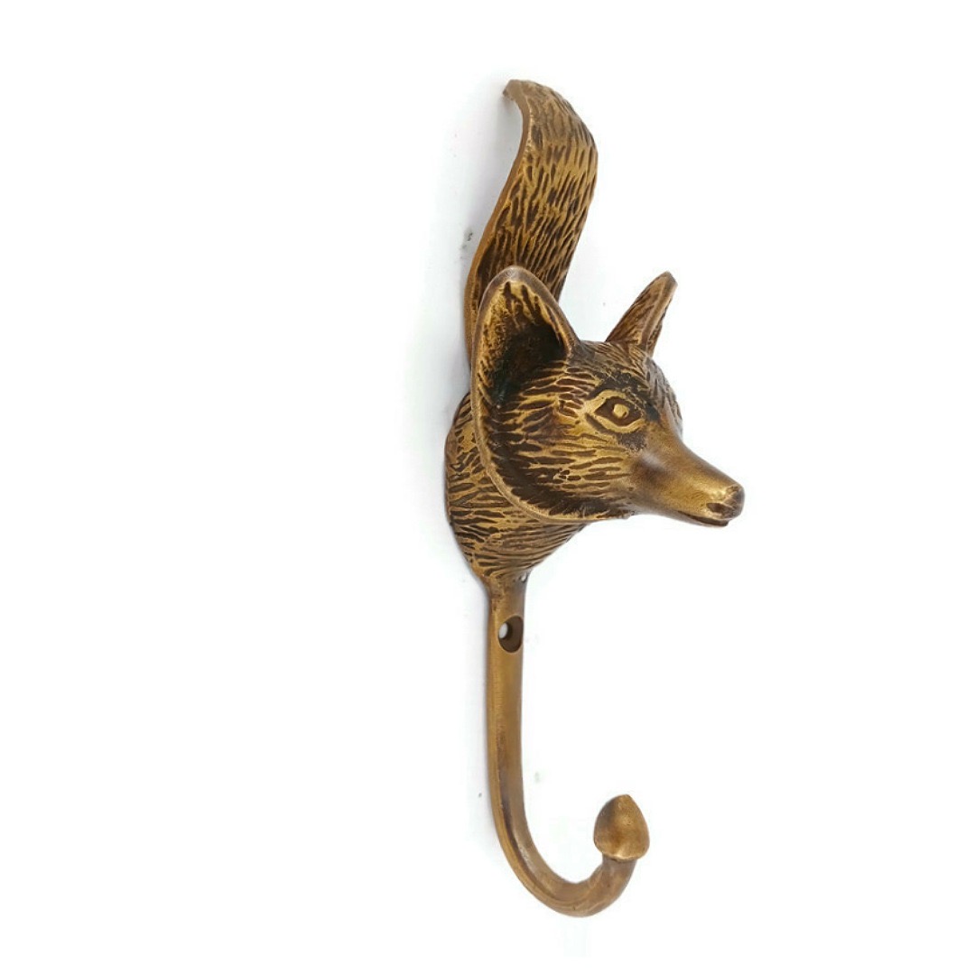 large version old style Vintage FOX Head 5.3/4 Solid Brass hook Antique  Strong Wall Mount Coat Hat Hook old vintage style hand made pure brass aged