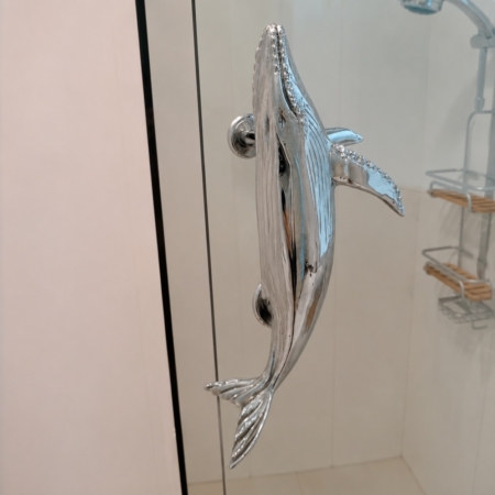 SHOWER DOOR GLASS mount Brass Magnificent whale shape 12 silver Brass Door Pull Handle Grab Old Style 30 cm amazing humpback