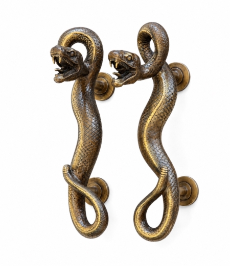 2 Heavy Brass Python Snake Door Pull Handles 13.1/2" Hidden Fix Vintage Style