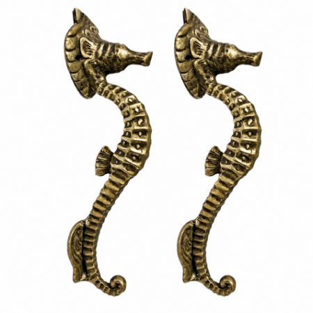 2 Cute Brass Small Seahorse Door Handles 8" Solid Brass Antique Coastal Beach Pull Handles