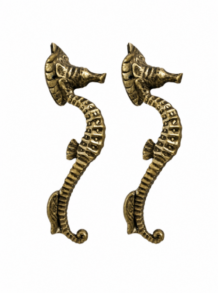 2 Cute Brass Small Seahorse Door Handles 8" Solid Brass Antique Coastal Beach Pull Handles