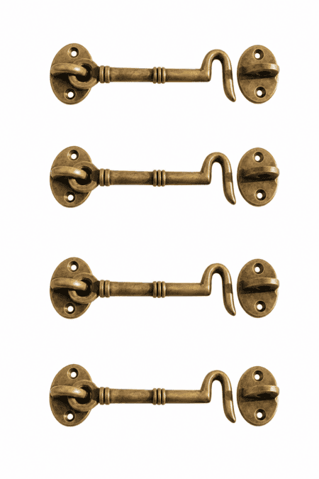 4 SMALL CABIN HOOKS SOLID BRASS 4.5 VINTAGE OLD STYLE DOOR CATCHES FURNITURE HARDWARE