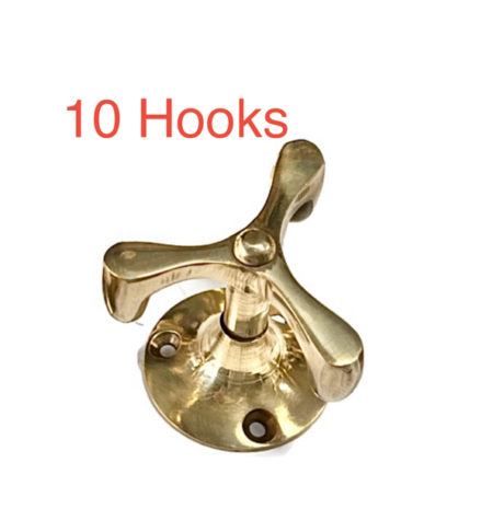 10 Small Solid Brass Spinning 3 Pronged Coat Hooks – Rotating Wardrobe Wall Hooks – Vintage Beach Style Brass Hangers