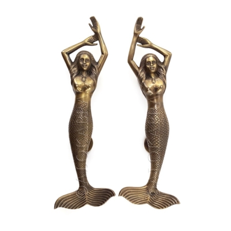 PAIR of 2 large MERMAID solid pure brass door pull handles – old style heavy house handles – 15 1/2" aged finish.