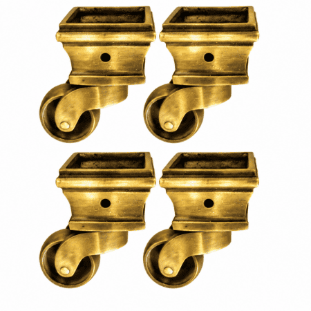 4 Large Solid Brass Cup Castors – 1½ Square Antique Furniture Feet – Vintage Table & Chair Wheels