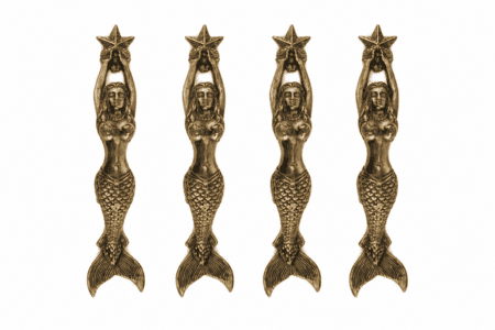 4 Small Mermaid Door Pull Handles – 8” 20 cm Polished Brass Vintage Nautical Hardware