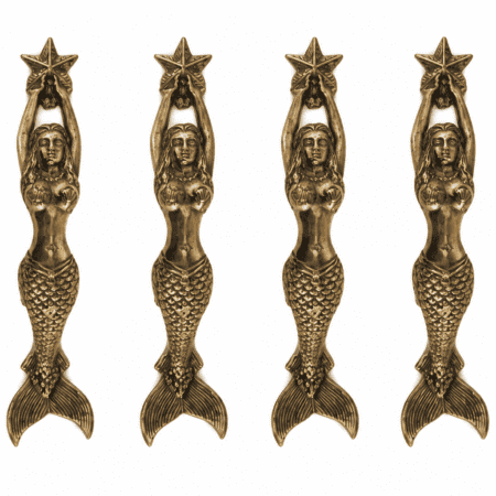4 Small Mermaid Door Pull Handles – 8” 20 cm Polished Brass Vintage Nautical Hardware