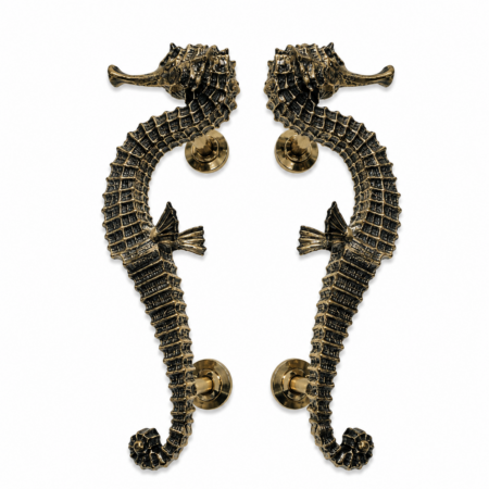 2 Massive Seahorse Door Handles 18.5" 47cm Solid Brass Pulls, Antique Coastal Nautical Door Grabs, Heavy Vintage Beach House Hardware