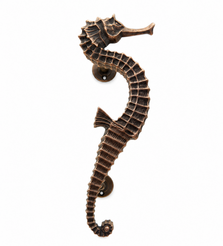 RIGHT FACE Massive Seahorse Door Handle 18.5 Inch 47cm Solid Brass Pull, Vintage Coastal Nautical Door Grab, Heavy Antique Brass Hardware
