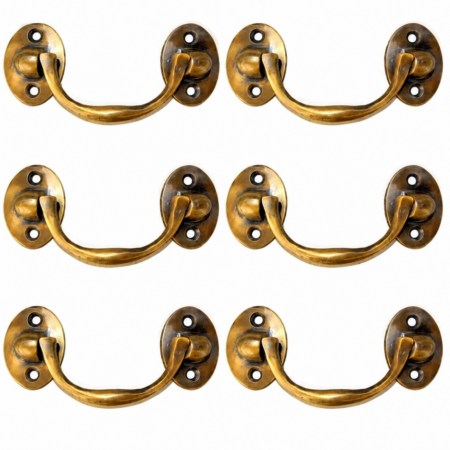 6 SMALL AGED BRASS BALE LIFT-UP BOX & DRAWER PULL HANDLES – 100mm / 4" CENTRES