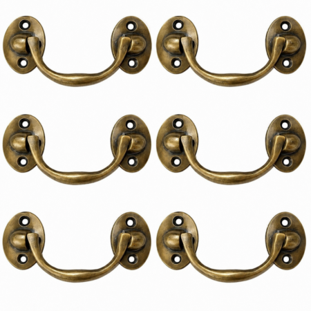 6 SMALL AGED BRASS BALE LIFT-UP BOX & DRAWER PULL HANDLES – 100mm 4 CENTRES