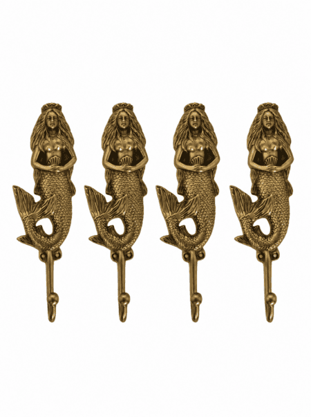 4 x Solid Brass Mermaid Coat Hook Wall Door Hook Nautical Vintage Decor 21 cm 8.1/4" inch 